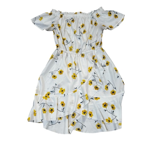 Blush Dresses & Skirts - Blush white yellow & blue floral off the shoulder mini dress, faux wrap, M.